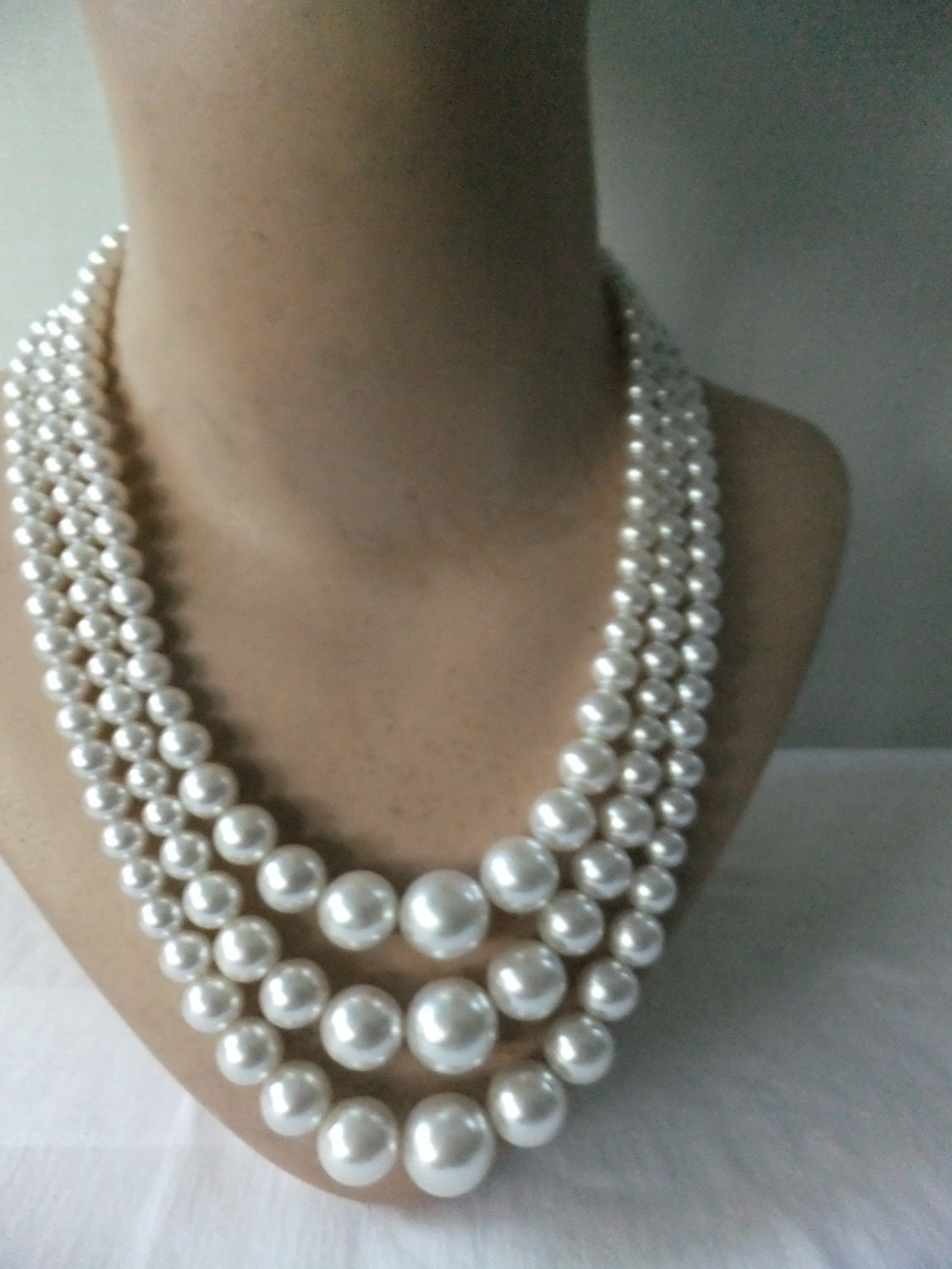 Vintage Necklace Three Strand Triple White Faux Pearl Bead Silver Tone ...
