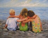 Three Beach Children Hugging Art Print from original oil painting two sisters blond boy brother on beach beach kids art Three Beach Children Hugging Art Print from original oil painting two sisters blond boy brother on beach beach kids art