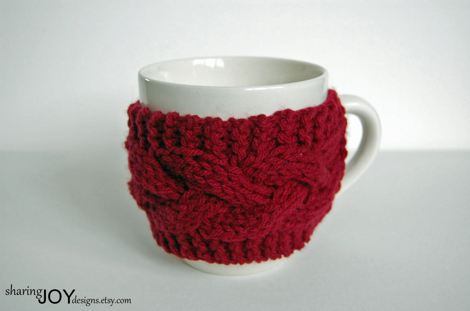 Cable Knit Mug Warmer With Mug In Crimson By Sharingjoydesigns