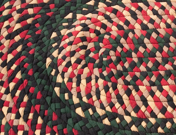 Vintage Handmade Braided Wool Rug: Red & Green 1940s by fallaloft