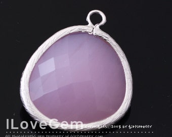 50% OFF Clearance// NP-1523 Matt Rhodium Plated, Pink, Glass, Big Pendant, 1pc / Framed glass, Glass pendant