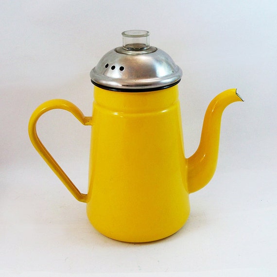 Bright Yellow Enamelware Coffee Percolator Pot by coffeetropolis