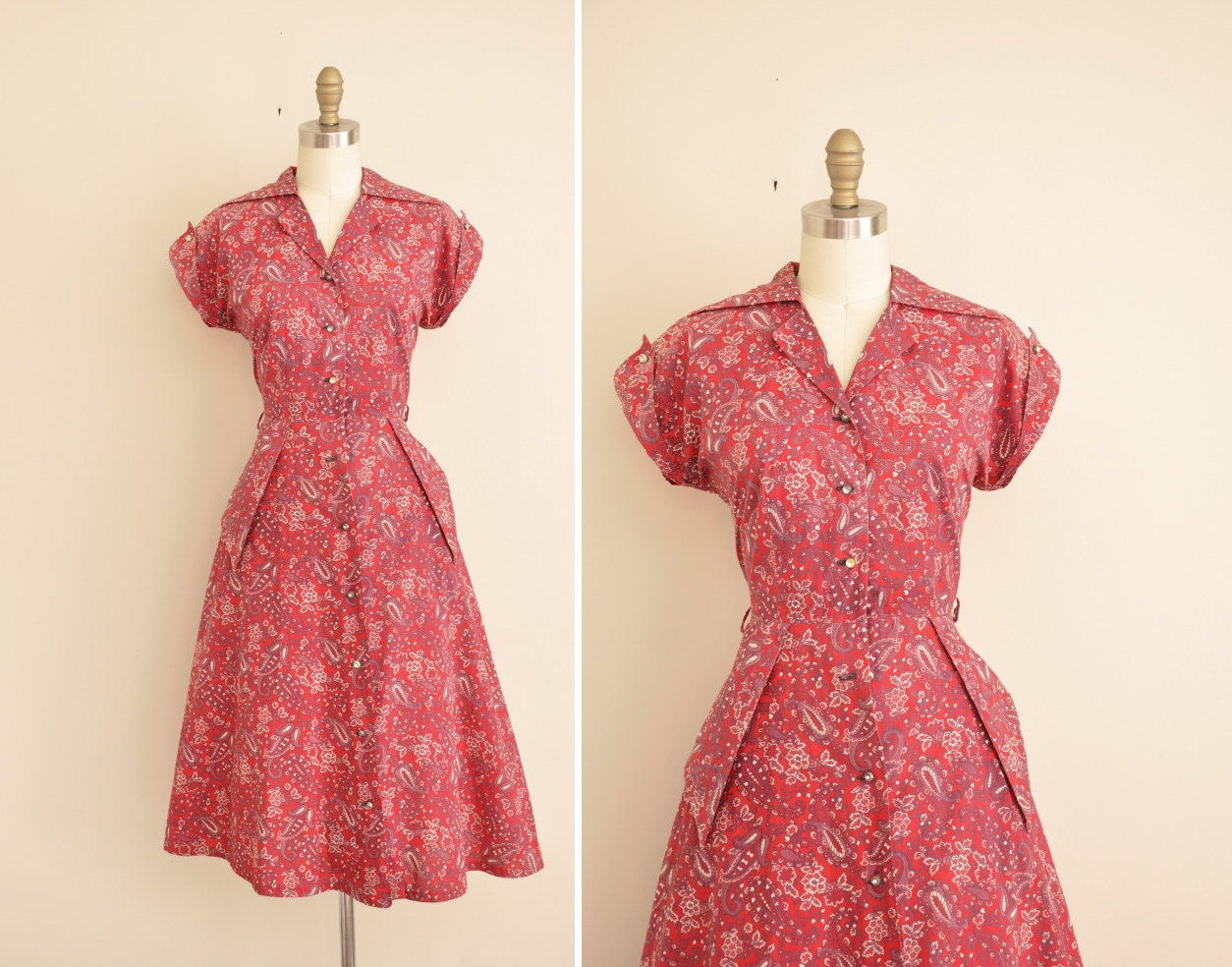 50s vintage dress / 1950s / Brentwood feed sack red cotton