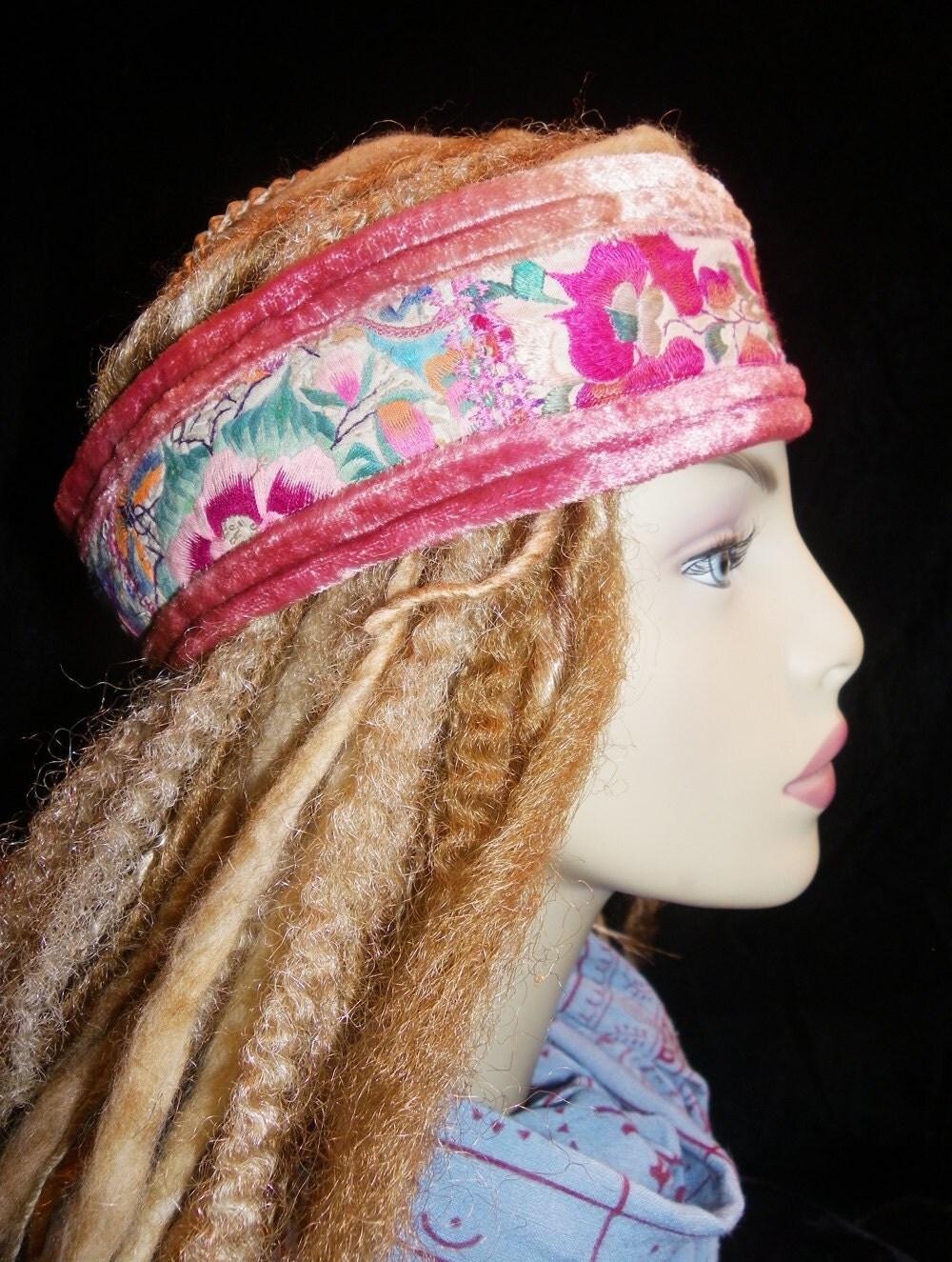 Headband Gypsy Peace Crown Coral Velvet Vintage by hatsbybuck