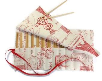 Knitting Needle Case DPN Organizer Red French Toile Roll Up Double Point Needle Storage 12 Pockets Roll Up Ribbon Closure