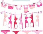 Lingerie Line Cute Digital Clipart - Commercial Use OK - Bras on Clothesline, Breast Cancer Awareness Graphics Il_170x135