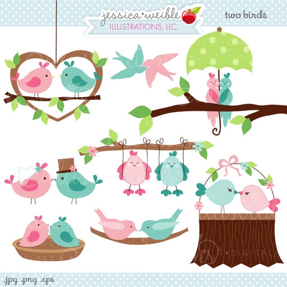 Two Birds Cute Valentine Digital Clipart - Commercial Use OK - Love Birds, Valentine Birds, Valentine Clipart, Wedding Birds Il_570xn