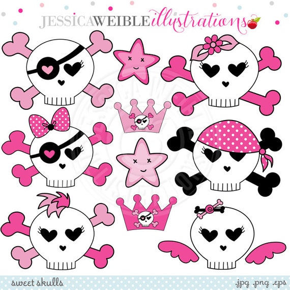 Sweet Skulls Cute Digital Clipart - Commercial Use OK - Pink Skull Crossbones Clipart, Girls Skull & Crossbones Graphics Il_570xn