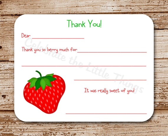 Set of 12 Strawberry Thank You Cards for Kids | Fill in the Blank | Strawberry Note Cards, Stationery Il_570xn