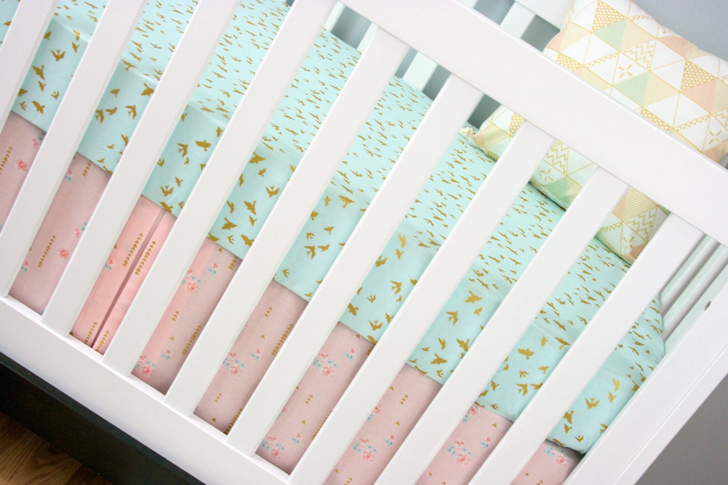 Crib Bedding Girl Pink and Mint Metallic Gold Cribset Modern