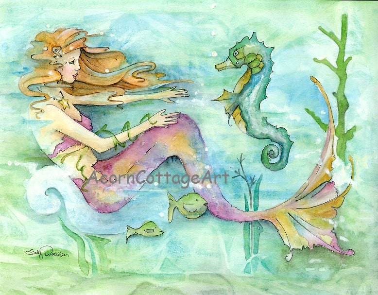 Mermaid art..Naida and her seahorse friend play on