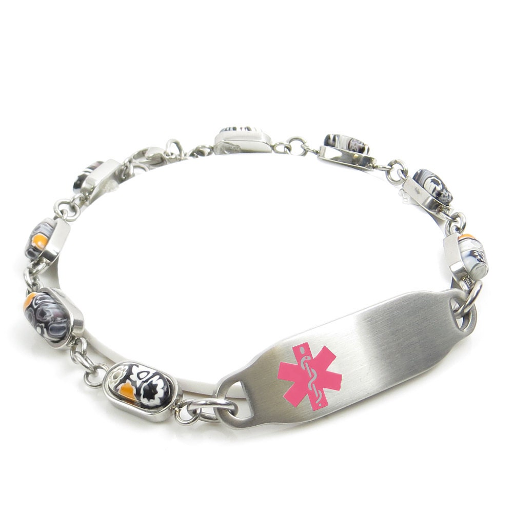 Womens Medical Alert Bracelet Engraved Black Millefiori