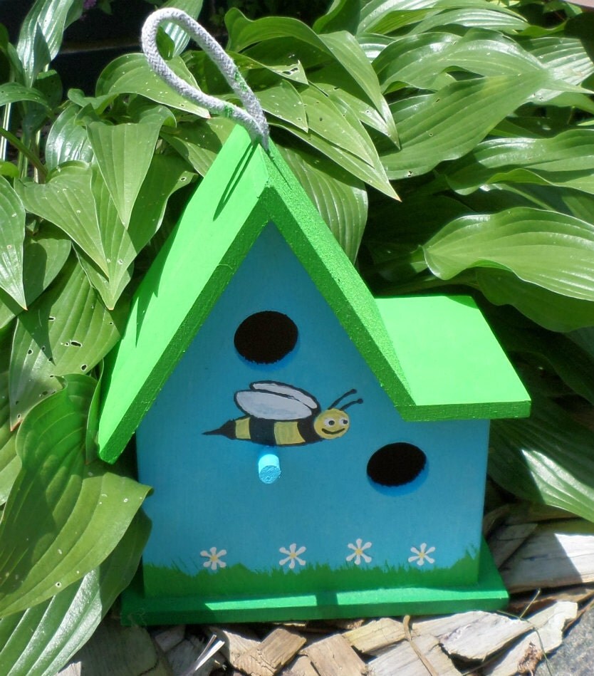 Bumble Bee Birdhouse Turquoise Blue And Lime Green By Demmersart