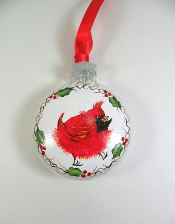 Red Cardinal Tree Ornament Hand Painted Glass