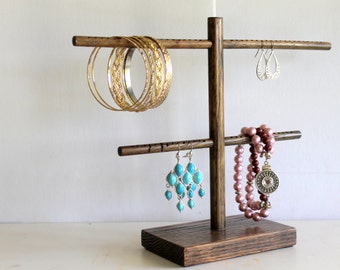 Earring Organizer, Long Earring Holder, Retail Fixture, Craft Show Display Rack, Fish Hook & Hoop Earring Stand, Rich Dark Walnut Brown