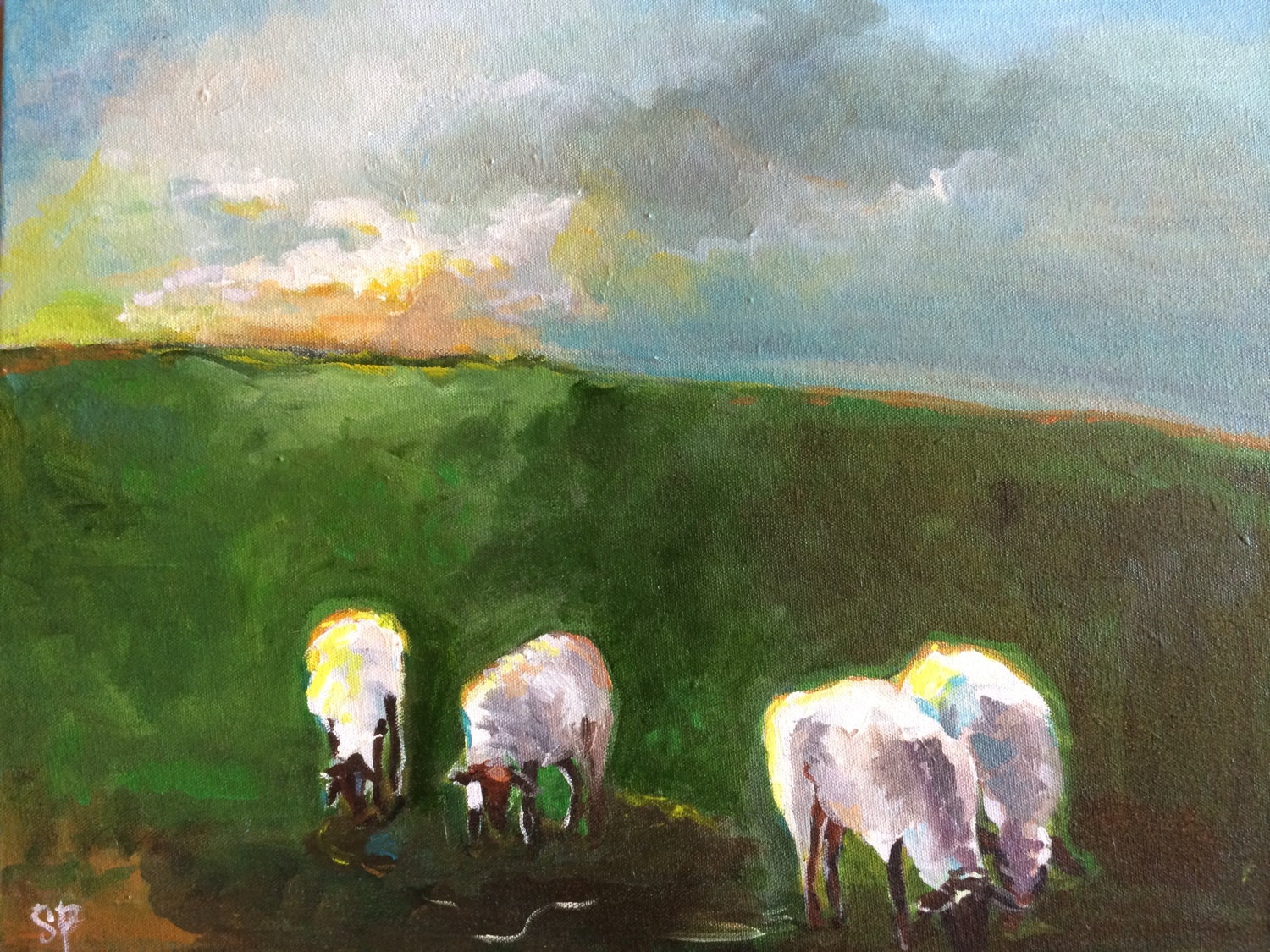 Grazing Sheep original acrylic painting 16x20 by Shannon