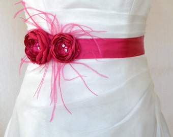 Handcraft Fuchsia Two Flowers With Feathers Wedding Bridal Sash Belt
