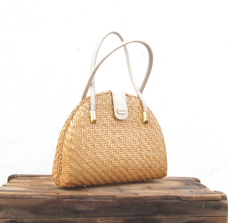 Vintage Italian Half Moon Straw Handbag wCream by Trustfund21