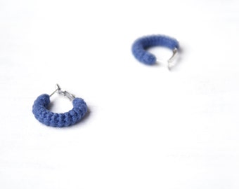 Blue Earrings, Mini Crochet Tube Hoops, 1 inch hoop earrings