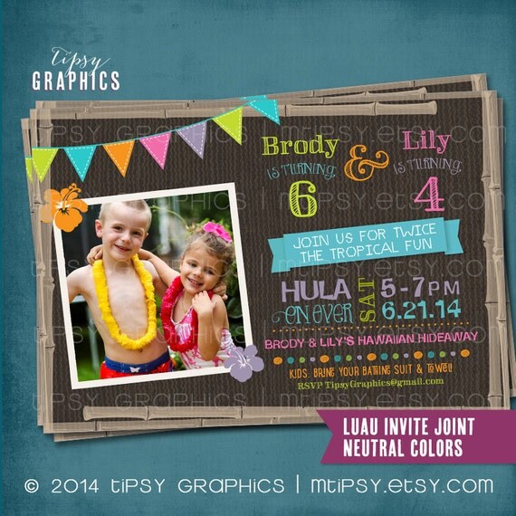 Twice the Tropical Fun. Hula on Over. Joint Hawaiian Luau Birthday Party Photo Invitation by Tipsy Graphics. Double Party Twins Siblings Il_570xn
