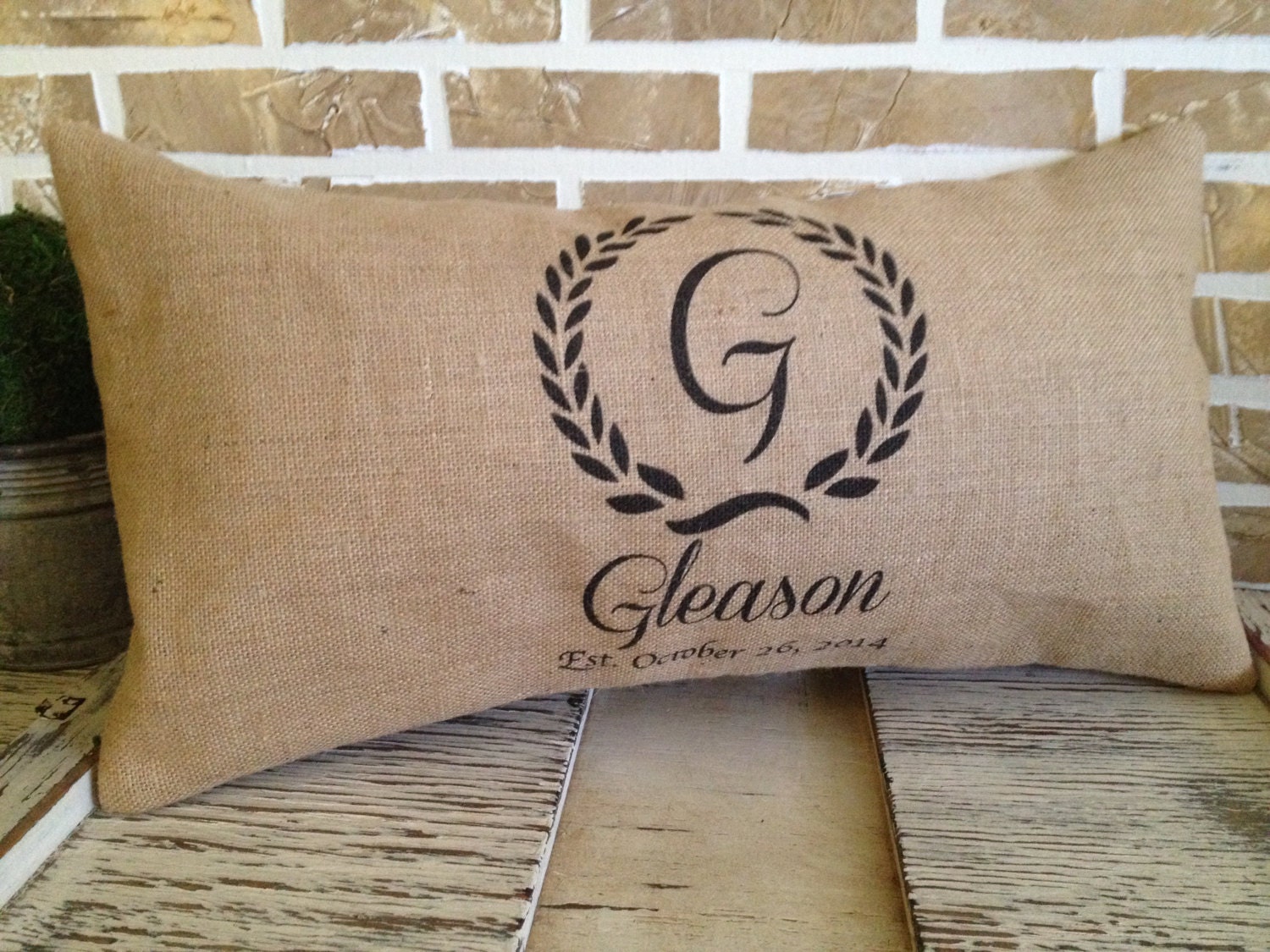 Monogrammed Lumbar Burlap Wedding Pillow by SimplyFrenchMarket