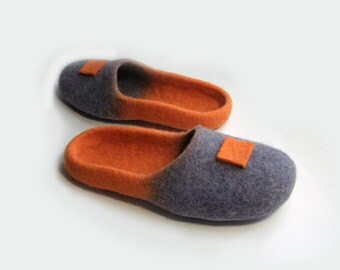 Women house shoes / slippers, felted wool slippers, boots, Felted shoes, slippers Japan / color / orange / grey / pumpkin