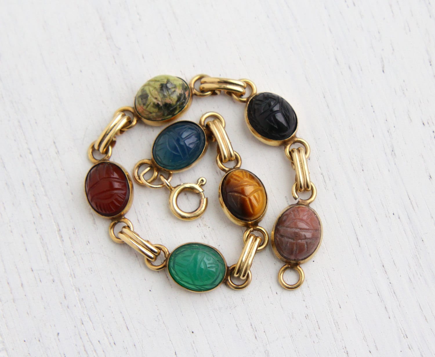 Vintage Scarab Bracelet 14K Yellow Gold Filled Semi Precious