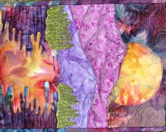 easy landscape art quilt pattern tutorial : moon over the mountains