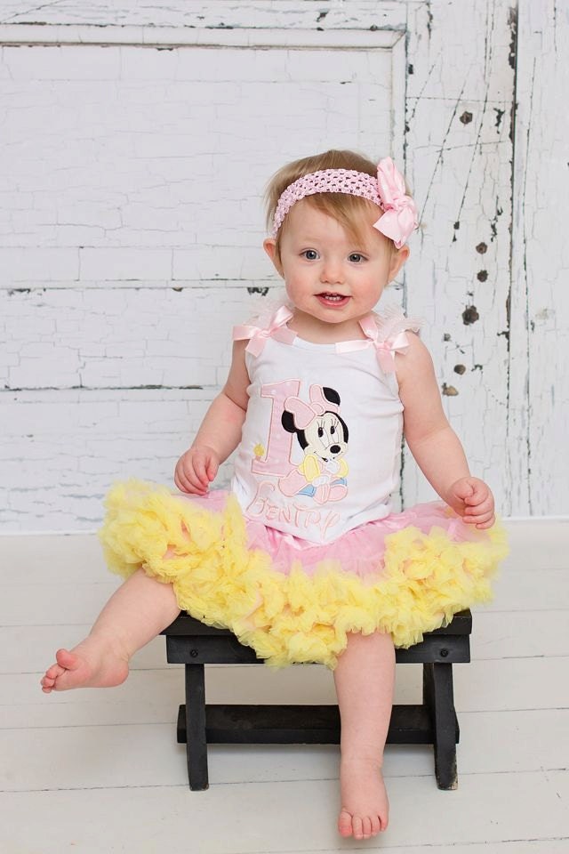 Girls Birthday Baby Minnie Mouse Rhinestone Yellow & Light Pink Pettiskirt Set - Includes Matching Hair Accessory