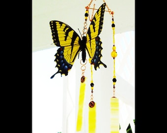 Swallowtail butterfly stained glass wind chime sun catcher brockus creations 6069