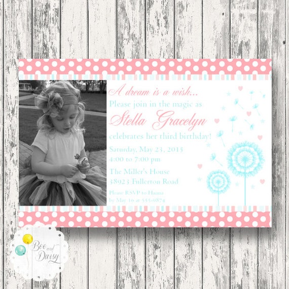 Princess Wish Invitation for Birthday Party or Baby Shower - Girls DIY Dandelion Dust Wishing Flower Printable Invite by BeeAndDaisy Il_570xn