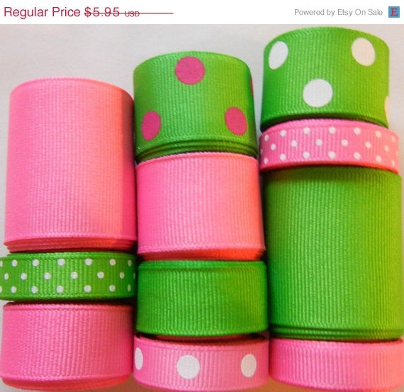 Green and Pink Ribbon Wholesale Lot 11 Yards by HairbowSuppliesEtc