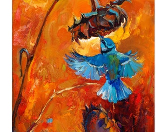 Blue Bird 20in x 16 in, Landscape Painting Original Art Impressionistic OIl on Canvas by Ivailo Nikolov