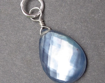 Mother of Pearl, Quartz and Lapis Lazuli Sterling Silver Wire Wrapped Pendant Dangle Charm with Sterling Silver Jump Ring