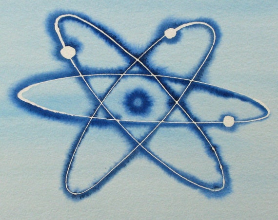 Light Blue Atom - Original watercolor painting - physics