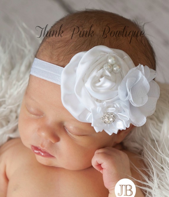 White Baby headband, baby headbands Christening Headband,baptism headband,Newborn Headband, baby headband, Easter Headband, Baby Hair Bows. by ThinkPinkBows