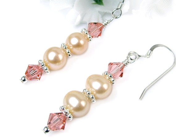 Peach Freshwater Pearl Dangles, Swarovski Crystals, Sterling Silver Hooks, Sweet and Elegant Earrings, Handmade Beaded Jewelry