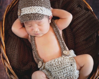 Brimmed Hat with Diaper Cover and Suspenders, Tan Flecked, Wooden Buttons, Newborn Photo Prop, Newsie Set, Baby Boy, Halloween Costume