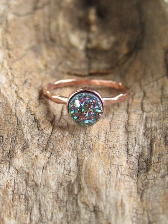 Tiny Peacock Druzy Ring in Rose Gold