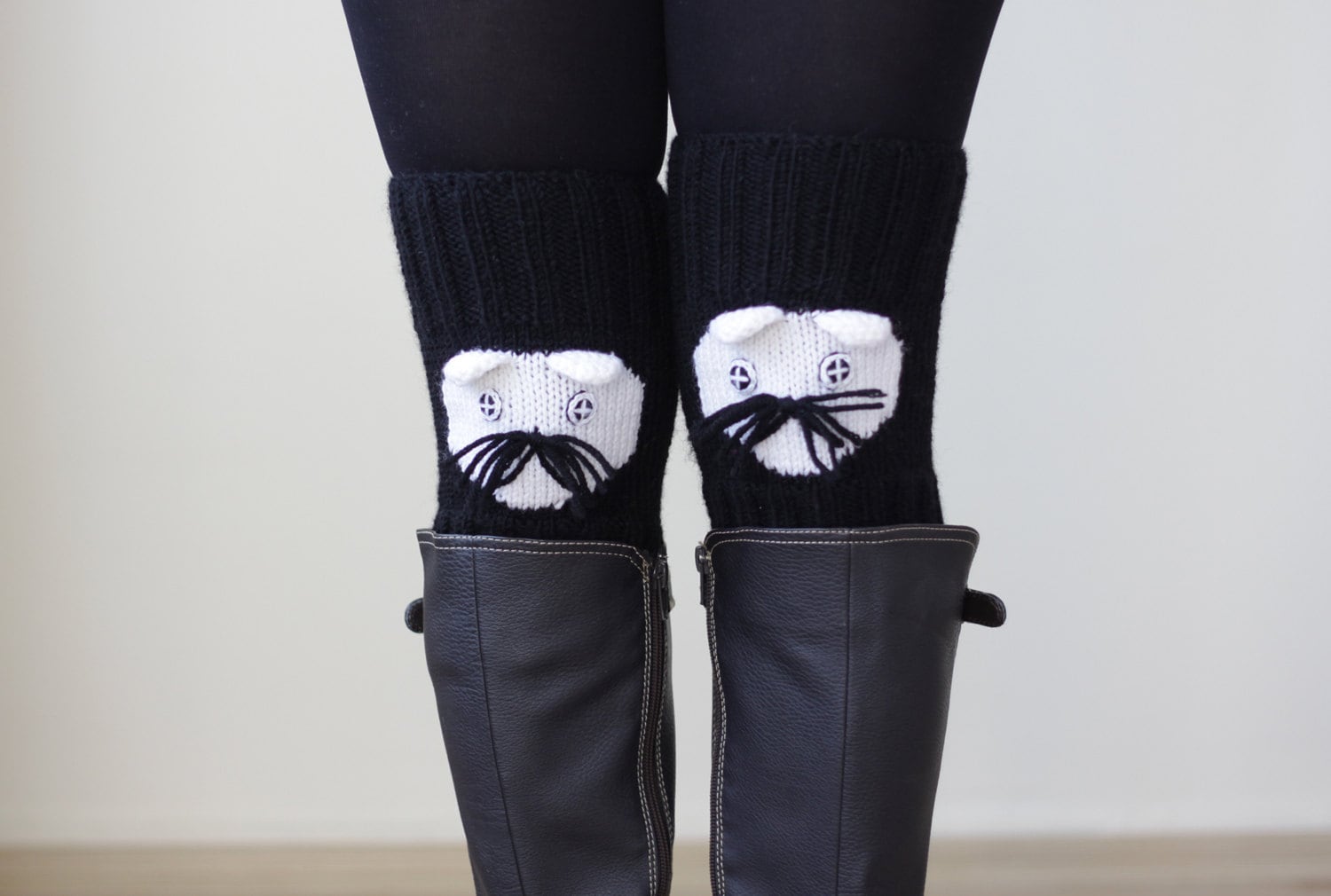 Black Knee warmers Womens leg warmers Cat Knee warmers Knee