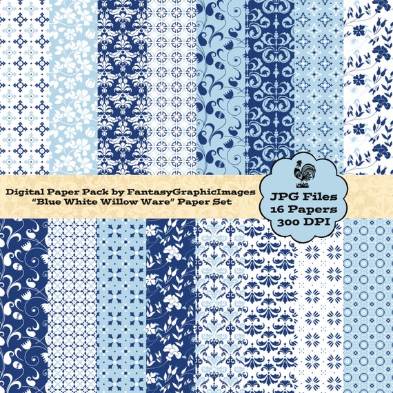Blue White Scrapbook Paper CU Digital Pack 16 Papers Geometric