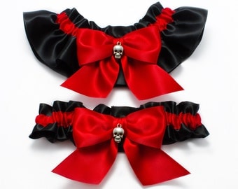 Wedding garters - bridal garters - red and black garters with skulls - red skull garters- red garters - red satin garters - gothic garters