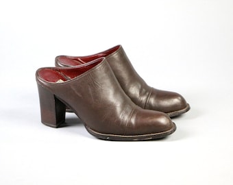 mules, high heels, 90s minimalist brown leather slip on mule pumps w