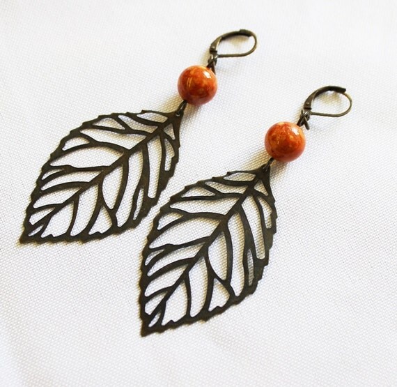 Items similar to Leaf Earrings Fall Leaf Earrings with Pumkin Colored Beads on Etsy
