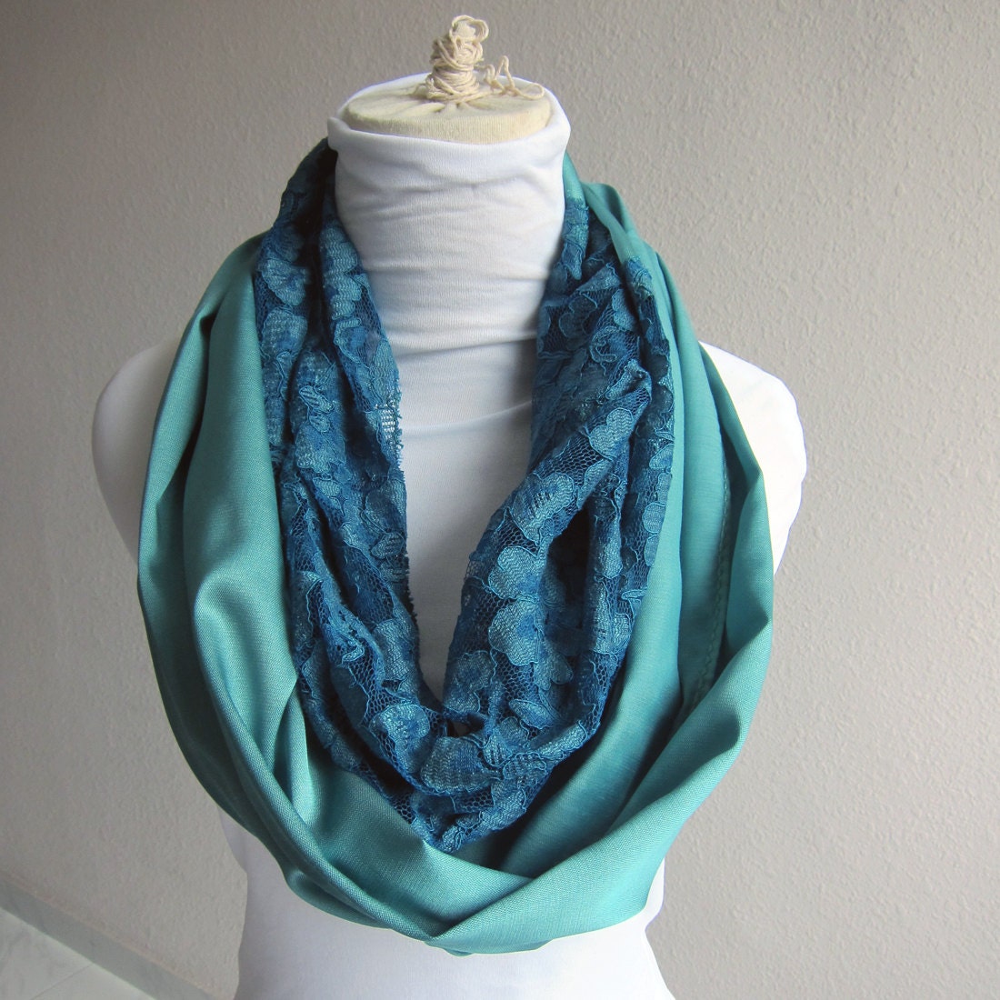 Jade Green Loop Scarf with Teal Lace… Cotton Circle Scarf..Lace Scarf ...