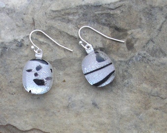 Black and Silver Earrings Fused Dichroic Glass Black and White Earrings