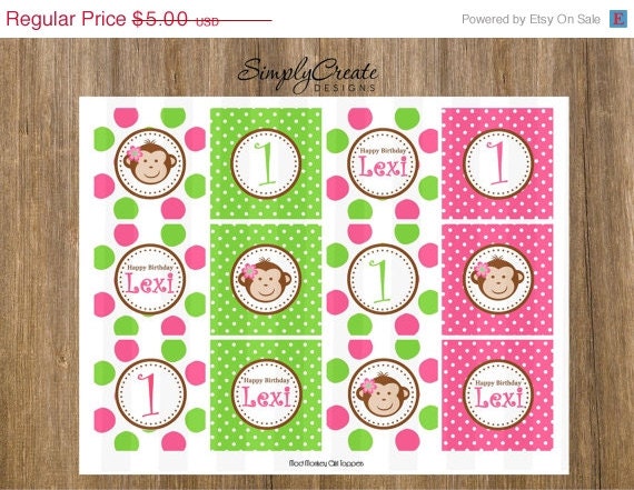 Mod Monkey Cupcake Toppers 8.5x11 Jpeg DIGITAL File PERSONALIZED Il_570xn