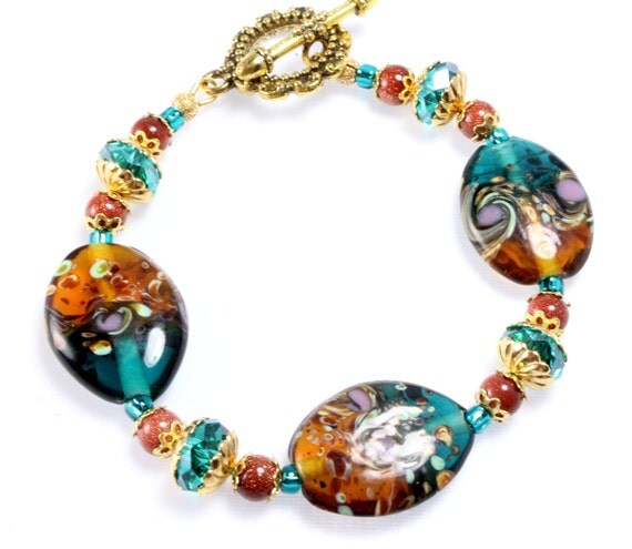 Teal and Brown Lampwork Bracelet Murano Glass Multicolor