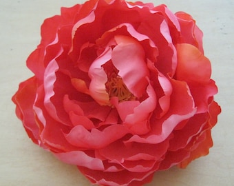 Full Variegated Coral Peony Silk Flower Brooch Pin