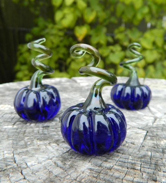 Cobalt Blue Hand Sculpted Glass Pumpkins Set of three